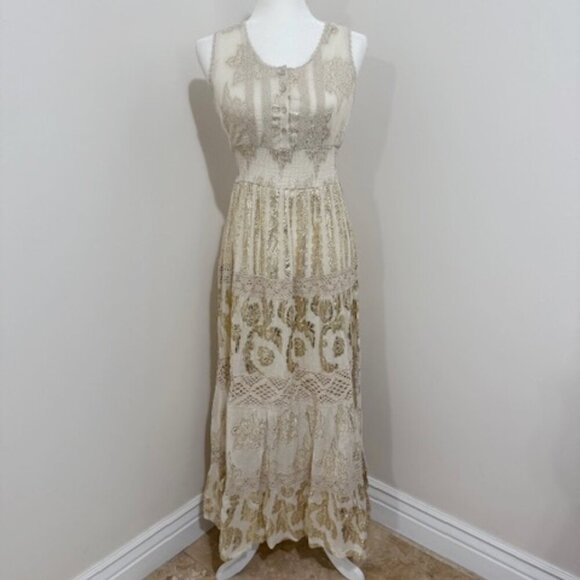 Me 2 Magic Anthropologie Tan Gold Lurex Crochet Accents Maxi Dress Size S NWT - Picture 1 of 8